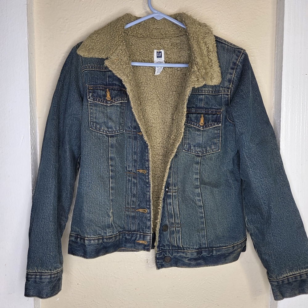 VTG Y2K GAP Denim Trucker Jean Jacket Sherpa Collar Lined Wmn's Sz Small 2002